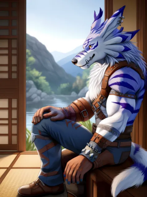 (masterpiece, best quality, unreal engine:1.2), furry, male, sitting on the corridor by the window of a japanese - style villa, ...