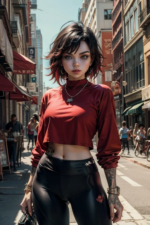 (masterpiece, best quality:1.2), cowboy shot, solo, 1girl, ruby rose, looking at viewer, arms behind back, yoga pants, t-shirt, long sleeves, necklace, bangles, earrings, cityscape, street