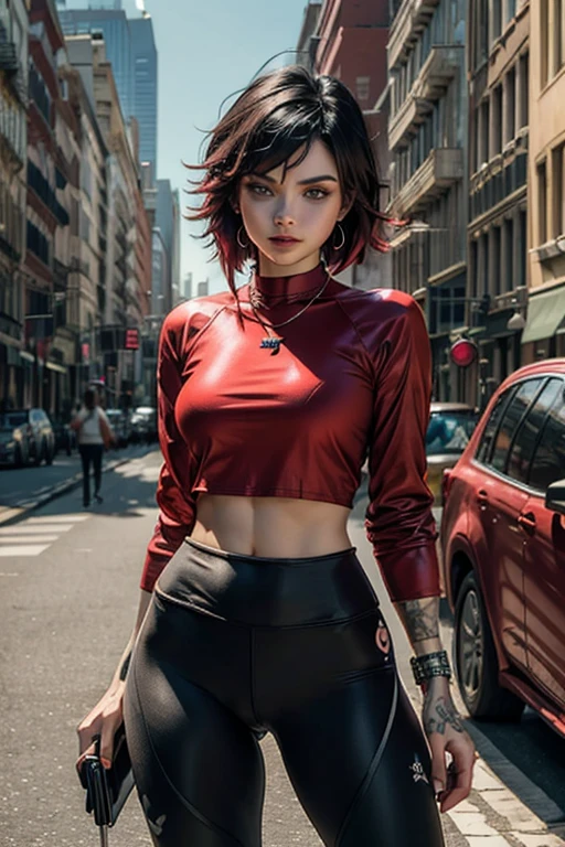 (masterpiece, best quality:1.2), cowboy shot, solo, 1girl, ruby rose, looking at viewer, arms behind back, yoga pants, t-shirt, long sleeves, necklace, bangles, earrings, cityscape, street