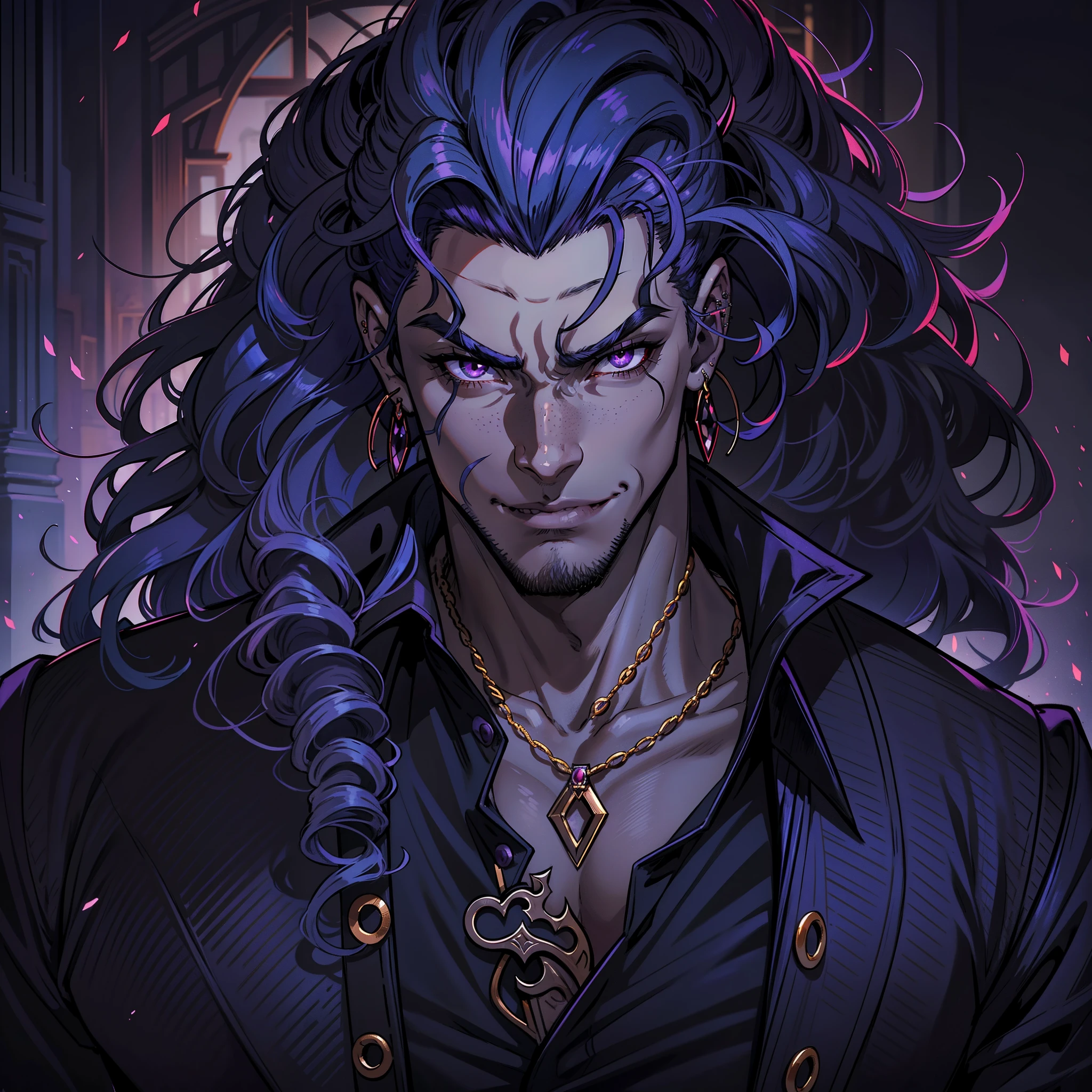 Handsome vampire male. Ash grey hair. Long hair. Royal attire. Freckles. Piercings. Hazel green eyes. Arrogant expression. Bara. Dark brown skin. Curly hair. 9 ft tall. Big bulge in pants. Blue hair tips. Purple eyes. Black shirt. Mischievous smile. Sinister. Muscular body. Castle