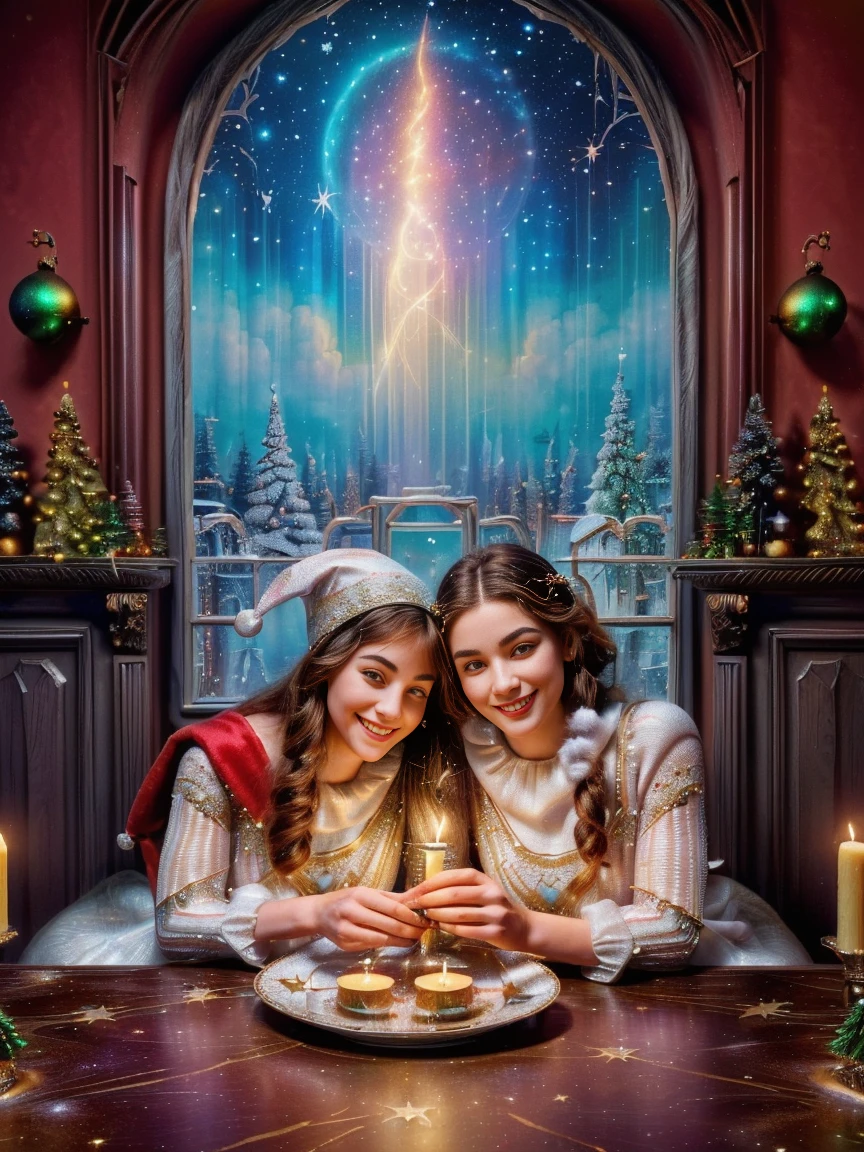 (Best quality, 8K, A high resolution, tmasterpiece:1.2), ultra - detailed, (actual, realistically:1.37), Vibrant colors, Magical atmosphere, Whimsical, ((sky full of stars，The North Star shines))，(((Use an illustration style), The room is decorated with a strong Christmas atmosphere. A string of shining colored lights hangs on the wall, Christmas wreath and little snowman on the windowsill, In the corner of the room stands a beautifully decorated Christmas tree. On a table, There are beautiful cutlery and red plates. In the center of the table, Have a sumptuous Christmas feast, Next to it is a bottle of red wine and two exquisite wine glasses. (((A male and female couple wearing Christmas costumes cuddling together))), Smiling and looking at each other，Eyes full of happiness and warmth. There are several scented candles lit in the room, It exudes a faint fragrance. Warm fire burning in the fireplace, Brings warmth and comfort to the entire room, Surreal, Psychedelic, Complicated details, Beautiful texture, Ethereal, like a dream, Soft glowing light, Charming Patterns, Fantasy creatures, Hidden surprises, dreamlike landscapes, Surreal color palette, Mystic aura, hyper realisitc, Enchanting journey, psychedelic trip, vivid imagination, immersive experience, Mysterious Christmas, otherworldly charm, glowing paths, Light up a magical Christmas, surreal sky, Whimsical themed festivals, a magical encounter, Fascinating artwork，(Ghibli-style colors, first person perspective, hyper HD, tmasterpiece, acurate, Anatomically correct, ctextured skin, super detailing, high detal, high qulity, Award-Awarded, Best quality at best, 8K)