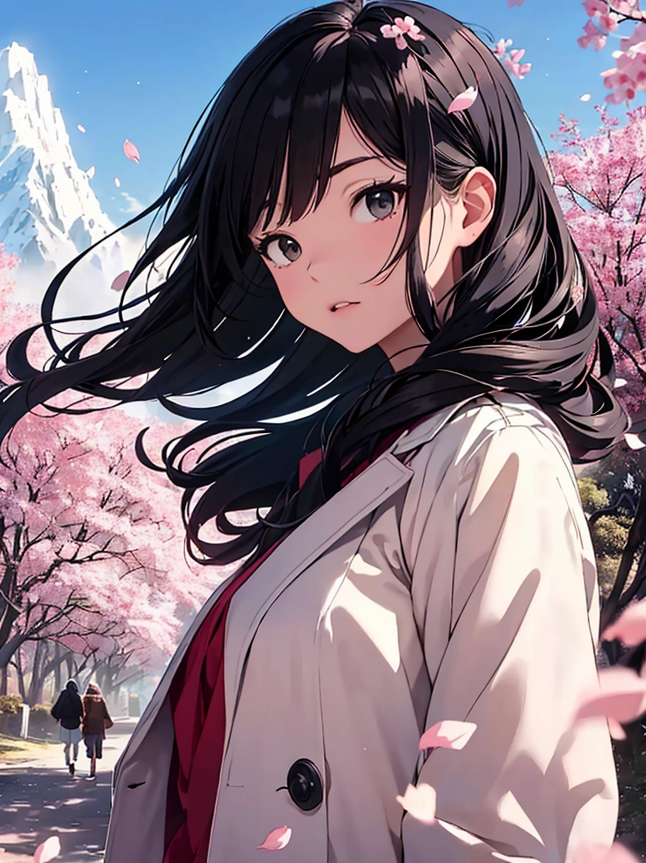 (best quality, masterpiece),(1girl, miko, coat, expression face, black eyes, looking at front ,black hair, walking, upper body), (night strray sky, huge old tree behind, falling glowing pink petals behind, shrine behind, mountain background, blowing wind, meteoric cloud)