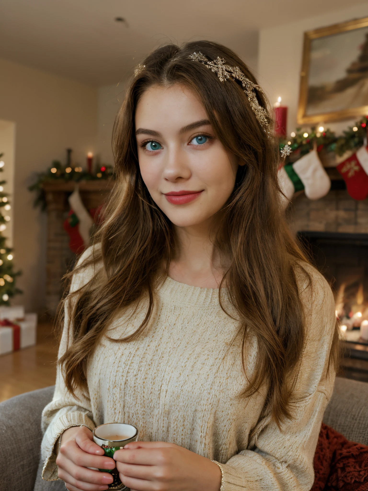 1girl, brown hair, long hair, solo, fireplace, indoors, blue eyes, looking at viewer, realistic, christmas tree, lips, table, christmas, blurry background, long sleeves, upper body, watermark, cup, closed mouth, artist name, sweater, candle, shirt, holding,smile