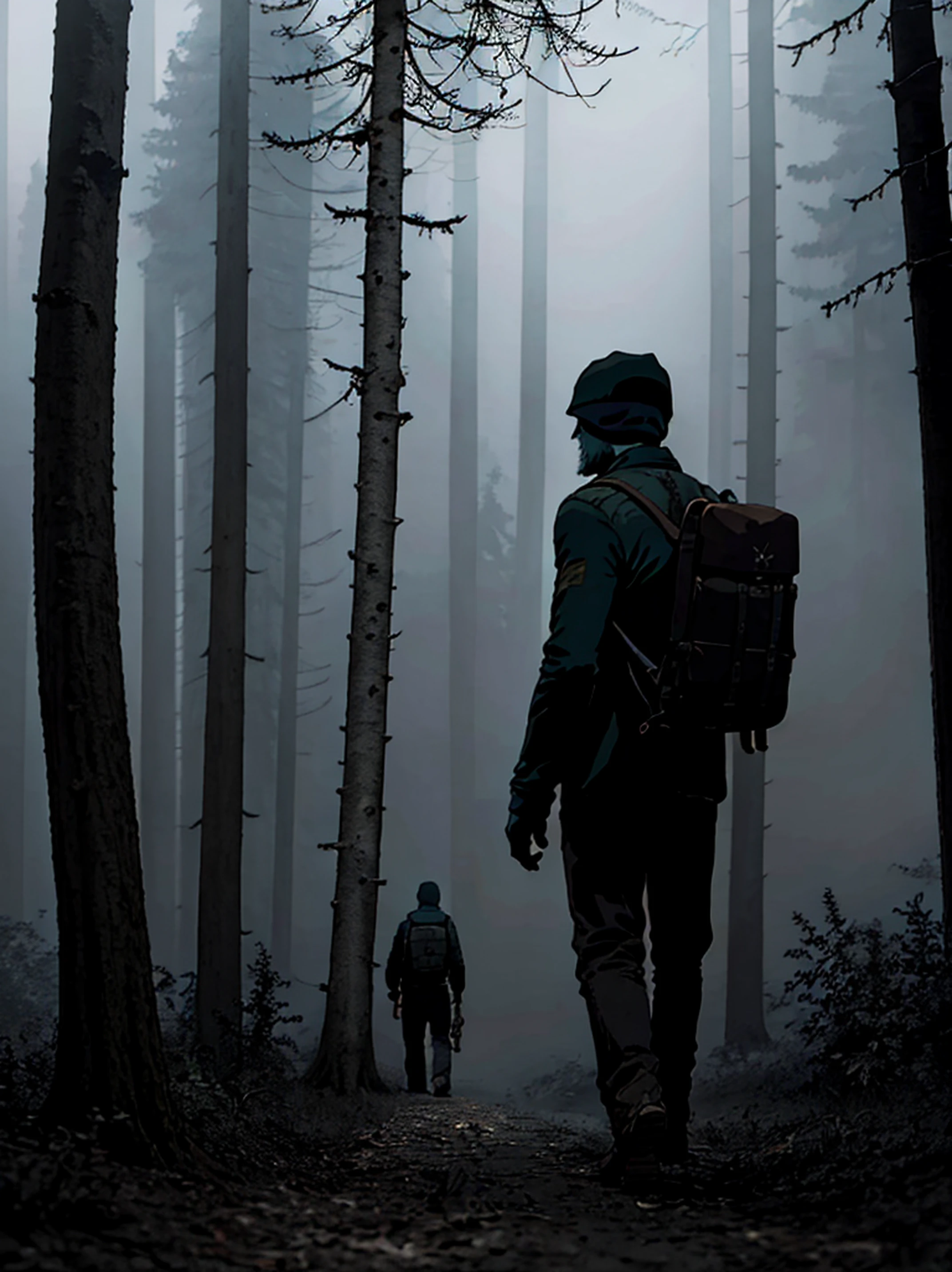 there is a solo man walking in the woods with a backpack, old house, stefan koidl inspired, bussiere rutkowski andreas rocha, by maxim verehin, inspired by maxim verehin, inspired by Tomasz Jedruszek, dark cinematic concept art, eerie nostalgic concept art, inspired by Igor Kieryluk, inspired by Ismail Inceoglu