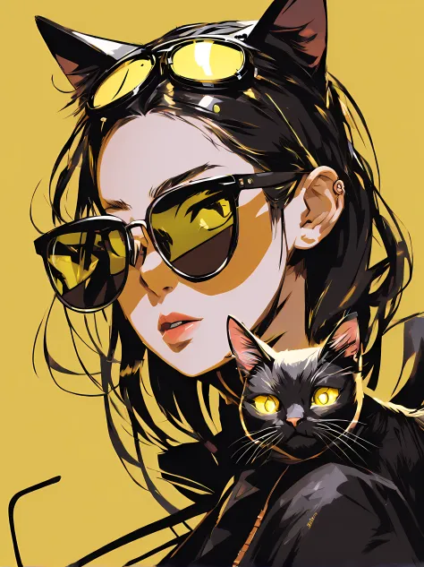 Anime girl wearing sunglasses on her hair, Guviz-style artwork, Digital illustration style, Anime style illustration, Anime style 4k, yellow eyes, eyes glowing, Beautiful young catwoman, style of anime. 8K, cat woman, by Qu Leilei, author：heroes, persona 5...