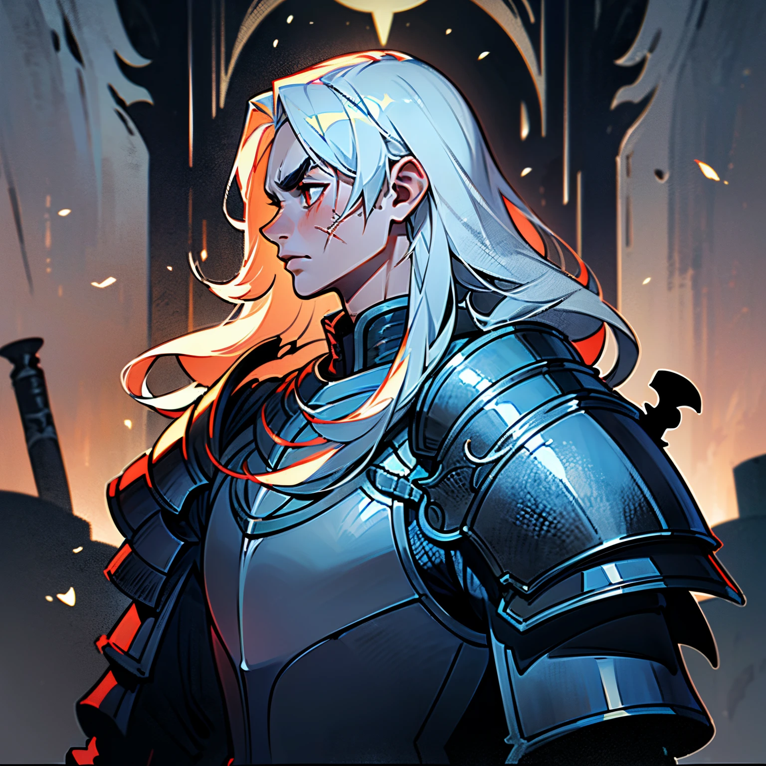 Profile of a man with long white hair and red eyes, Man with white long hair, ((tmasterpiece)), ((beste-Qualit, hight resolution, ultradetailed), bright colours, ((((1 male)))), Male character, grown up, tall muscular guy, wide shoulders, Strong Character, sharp facial features, scars in the face, white eyebrows, Fantasy, dnd, person, albino, red-eyes, Sad look, closed face, The Albino Man, Pure White Long Hair, White long hair, (big hair), white colored hair, slick hair, straight hair, Creating an atmospheric atmosphere, Additional lighting, Beautiful and harmonious scene, Exquisite animation, Rich Details, hiquality, Четкость 4K, Creating an atmospheric atmosphere, knight, paladin, PaladinOathbreaker, Gothic armor, Full-length portrait of a mysterious knight, Wearing heavy armor, pale skin, Gloomy design, evil knight, Fallen Knight