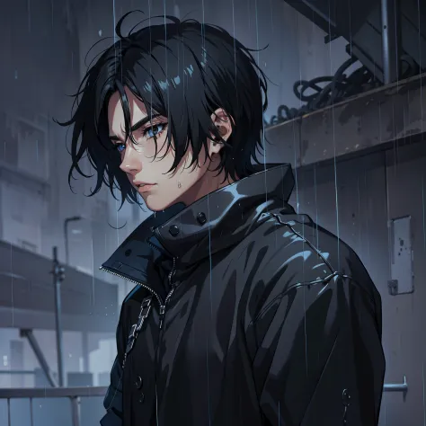 Lonely man, young boy, in the rain, sad look, medium black hair, Black clothes, rain