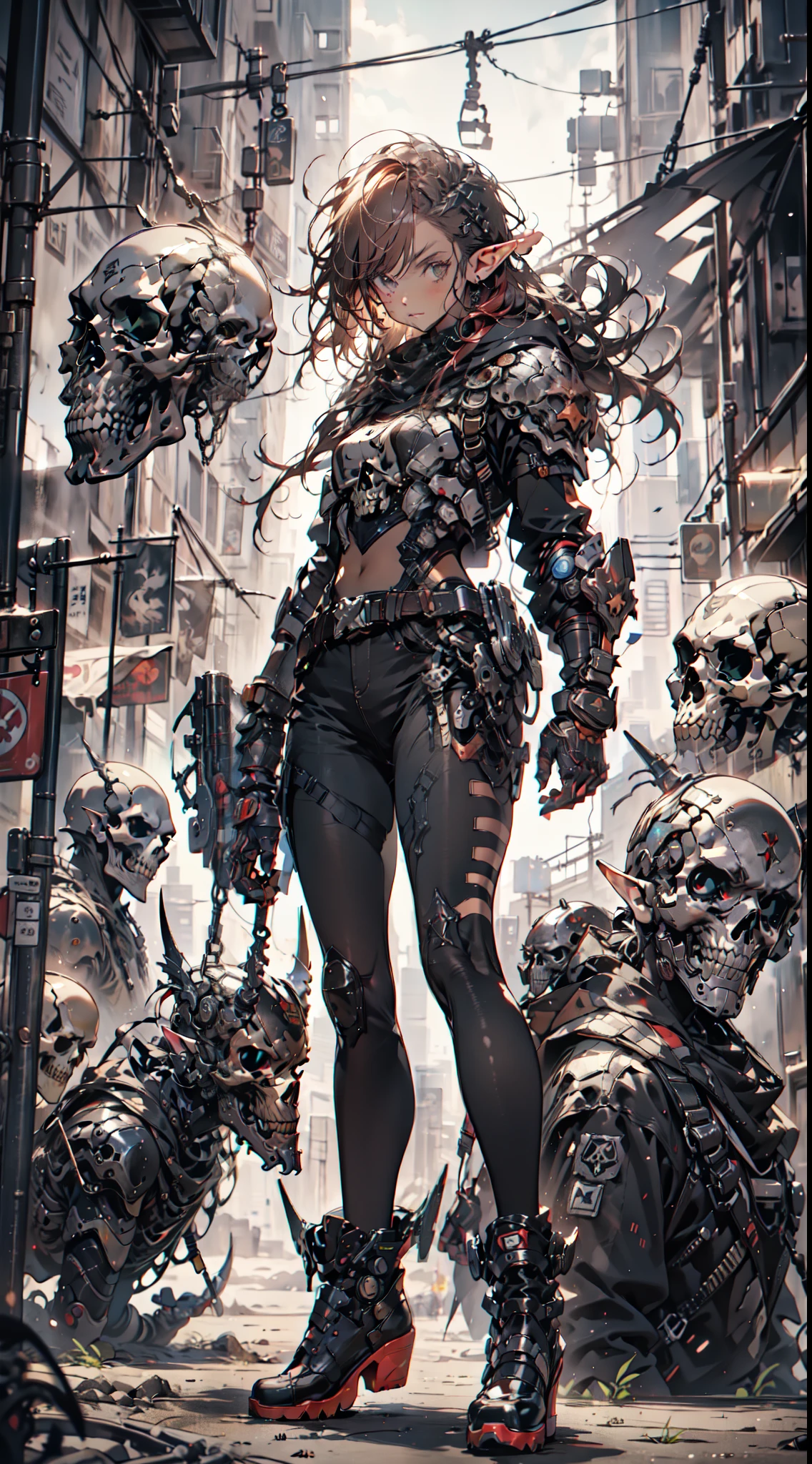 (((masterpiece, best quality))),  (elf), (1girl), solo,  Bangs,  red tinted hair，((dessertpunk X cyberskull armor))，long black glovelack pantyhoses，Handsome standing with white boots, art style by Artgerm, by Kawacy, By Yusuke Murata
