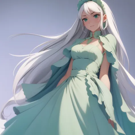 (masterpiece, top quality, best quality), 1girl, full body, white hair, green eyes, blue maid dress