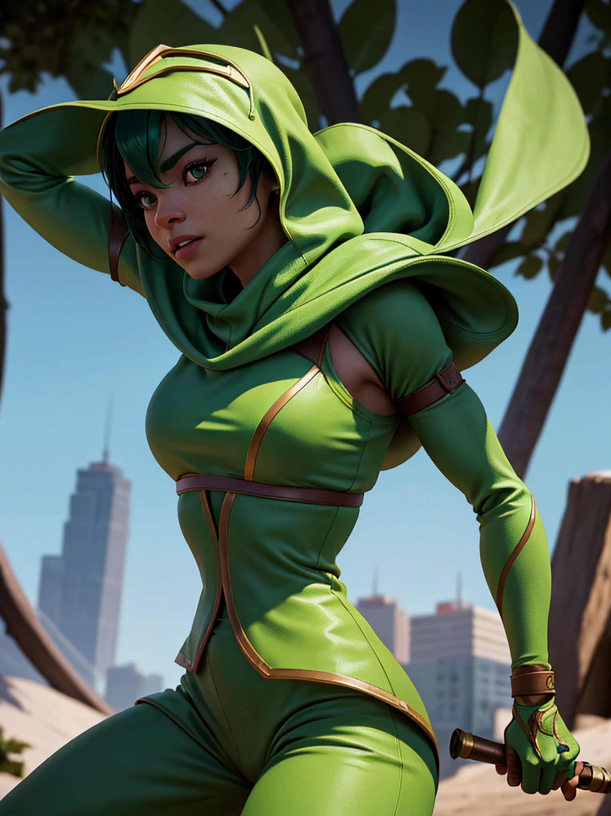 Cinematic soft lighting illuminates a stunningly detailed and ultra-realistic a close up of Tati Gabrielle in a green outfit with a hood on, mortal kombat 11, Jade from mortal kombat, in mortal kombat, mk ninja, wearing green armor and helmet, akali, fujin, that is trending on ArtStation. Octane is the perfect tool to capture the softest details of this 16k photography masterpiece