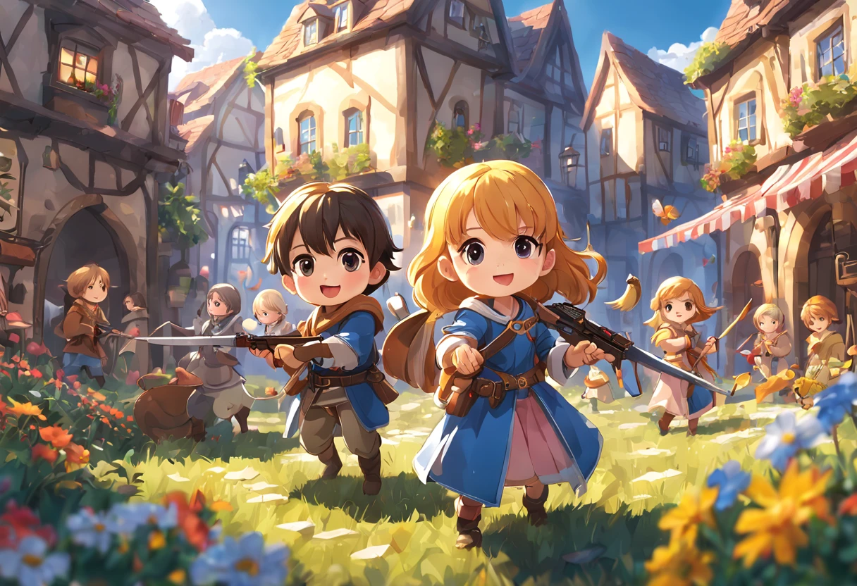 Male and female，（child：1.3），delicated face，Magical style，magia，Game combat promotional image，holding a weapon，Multiple people on the same screen，Multiple roles，interaction，ssmile，Hilariously，Expose the whole body，Cute little animals，（The bird：1.3），((tmasterpiece)),Best quality at best, (8K, Best quality at best, tmasterpiece:1.2), ultra - detailed, illustratio, bigger_Scenes, 3D_Scenes,towns，rays of sunshine，