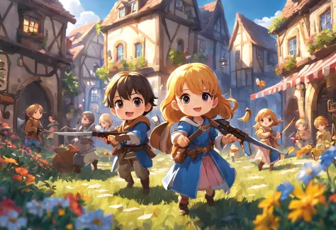 male and female，（child：1.3），delicated face，magical style，magia，game combat promotional image，holding a weapon，multiple people on...