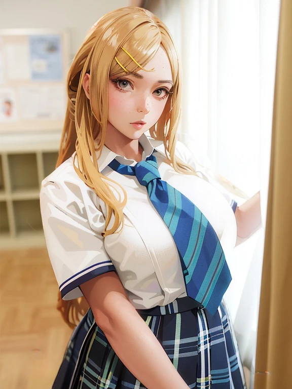 masterpiece, well-detailed, intricate details, good proportions,  (a woman,Japanese school uniform,blonde hair),(a woman in a school uniform with a tie,a woman in a school uniform with a skirt),(wearing a tie),(wearing a skirt),classic,stylish, vibrant colors,high contrast lighting,detailed facial features, Japanese classroom,clean and neat background