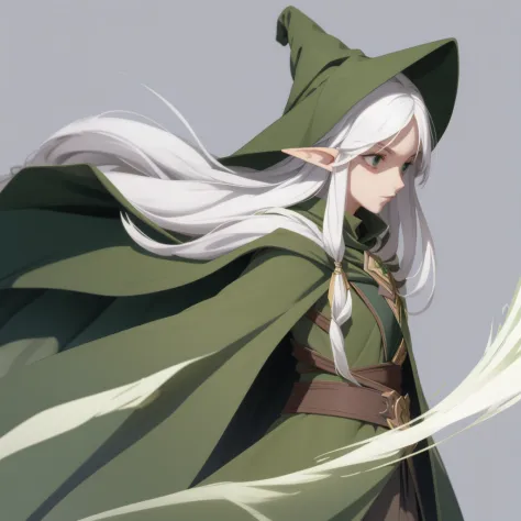 1 girl,solo,witch, elf, long messy white hair, green cloak