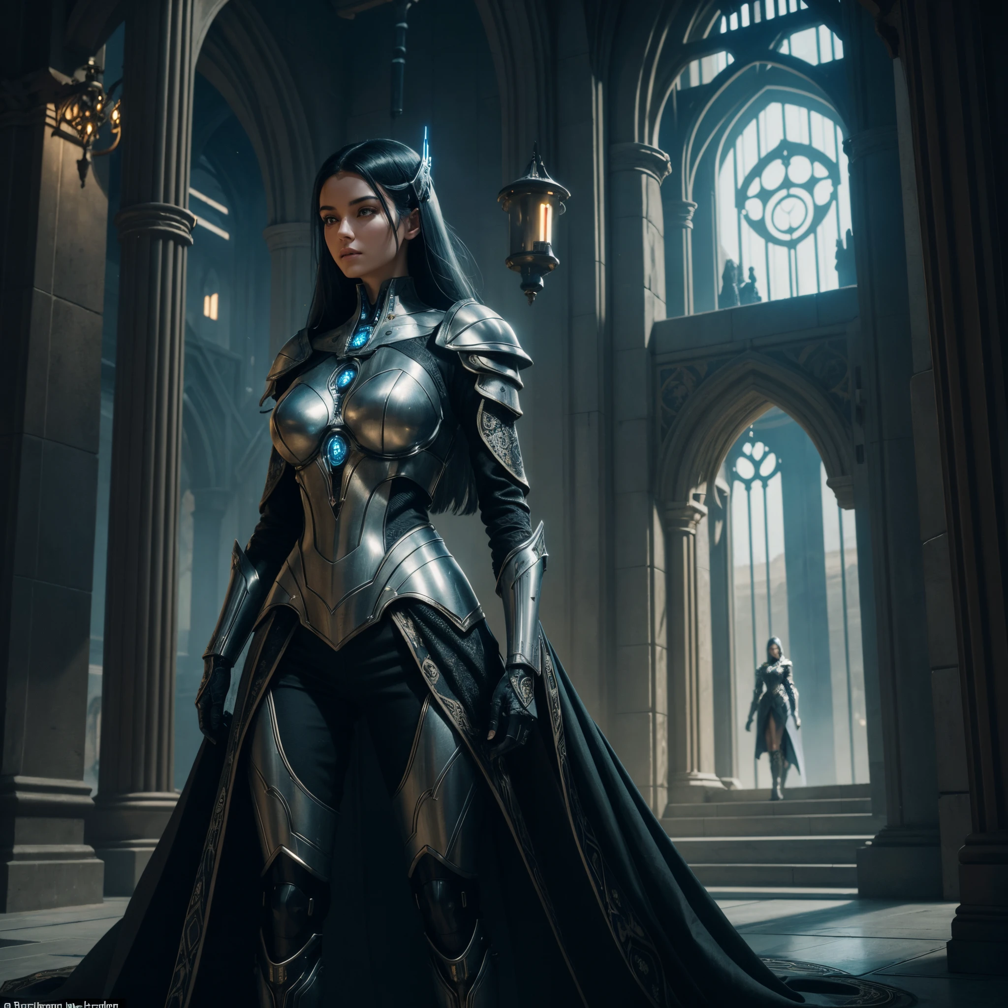 A woman with cybernetic enhancements and a medieval gown stands in a futuristic castle courtyard. Her eyes glow with advanced technology, revealing intricate circuits and delicate wiring. Enhanced with futuristic armor, she wields a laser sword with precision. The castle is a mix of medieval architecture and high-tech elements, with holographic displays and floating orbs illuminating the surroundings. The atmosphere is filled with a sense of mystery and adventure.

Materials used to create this artwork include a combination of digital painting and 3D rendering, resulting in a visually stunning fusion of traditional and futuristic elements. The level of detail is exceptionally high, capturing the intricate textures of both the medieval gown and the cybernetic enhancements. The art style leans towards a photorealistic portrayal, emphasizing the realism and immersive quality of the scene.

Colors in this depiction are vibrant and vivid, invoking a sense of awe and wonder. The lighting is strategically placed to enhance the dramatic elements of the composition, casting intriguing shadows and highlighting the contrast between the medieval and futuristic elements.

Overall, the image is of the best quality, created with ultra-detailed precision. It showcases professional craftsmanship and mastery in the art of blending medieval and sci-fi aesthetics. The final result is a visually striking masterpiece that seamlessly merges the two genres, creating a unique and captivating fusion.