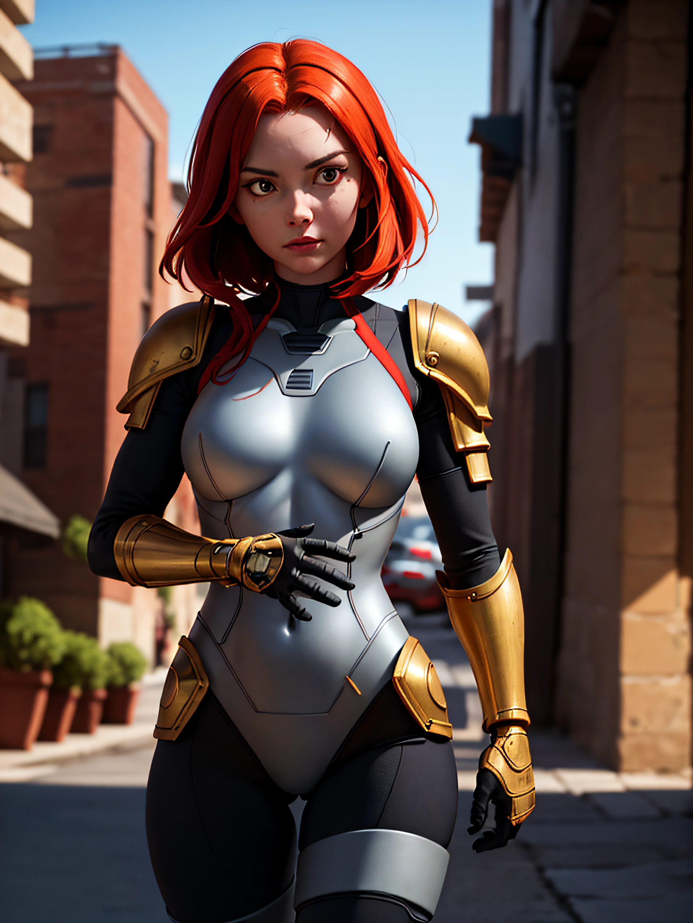 1 woman, bokatan, armor, red hair, battle pose, Photorealistic, Hyperrealistic, Hyperdetailed, analog style, hip cocked, demure, low cut, detailed skin, matte skin, soft lighting, subsurface scattering, realistic, heavy shadow, masterpiece, best quality, ultra realistic, 8k, golden ratio, Intricate, High Detail, film photography, soft focus, blurry background