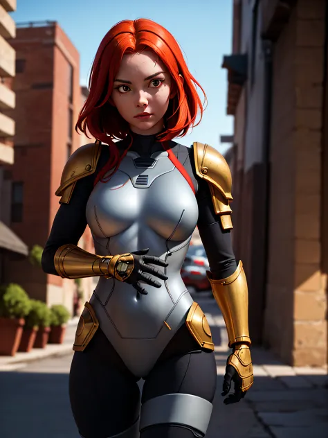 1 woman, bokatan, armor, red hair, battle pose, Photorealistic, Hyperrealistic, Hyperdetailed, analog style, hip cocked, demure,...