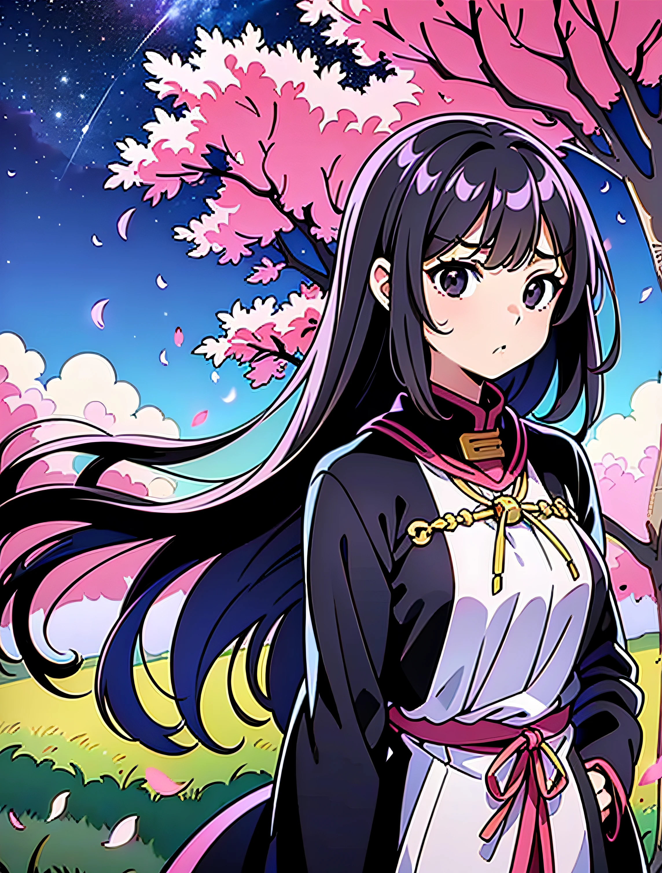 (best quality, masterpiece),(1girl, miko, coat, expression face, black eyes, looking at front ,black hair, walking, upper body), (night strray sky, huge old tree behind, falling glowing pink petals behind, shrine behind, mountain background, blowing wind, meteoric cloud)