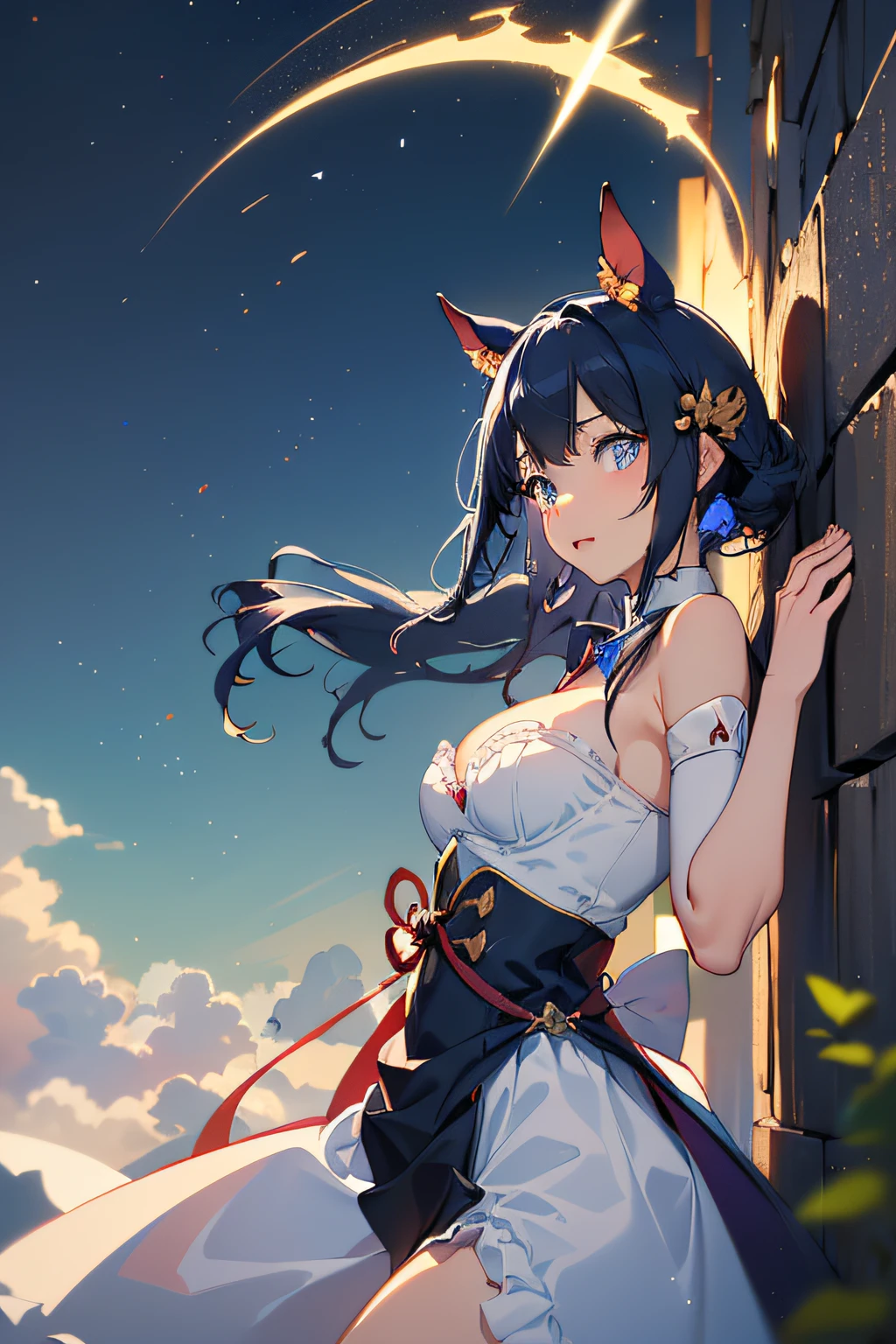 ((Marl、Horse ear headband、fake horse ears)）、（lightly dressed、cleavage of the breast、fully body photo、Beautiful legs)、((Dark blue hair、Inner color red、blue eyes、Has a small、young、side lighting bare shoulders、shining eye ring、Particles of light、llight rays、wall-、Diabolical))、1girl in、​master piece、japanaese girl、absurderes、hight resolution、Ultra-detail、depth of fields、​masterpiece、extremely details CG、3D Photography、3D background、Unity、8K、Hi-Res、top-quality、shadowy、sharp focus、pale-skinned、A detailed eye、blurry backround、dynamic ungle、The most amazing super feat exaggeration、a closed mouth、Look at viewers、superclear