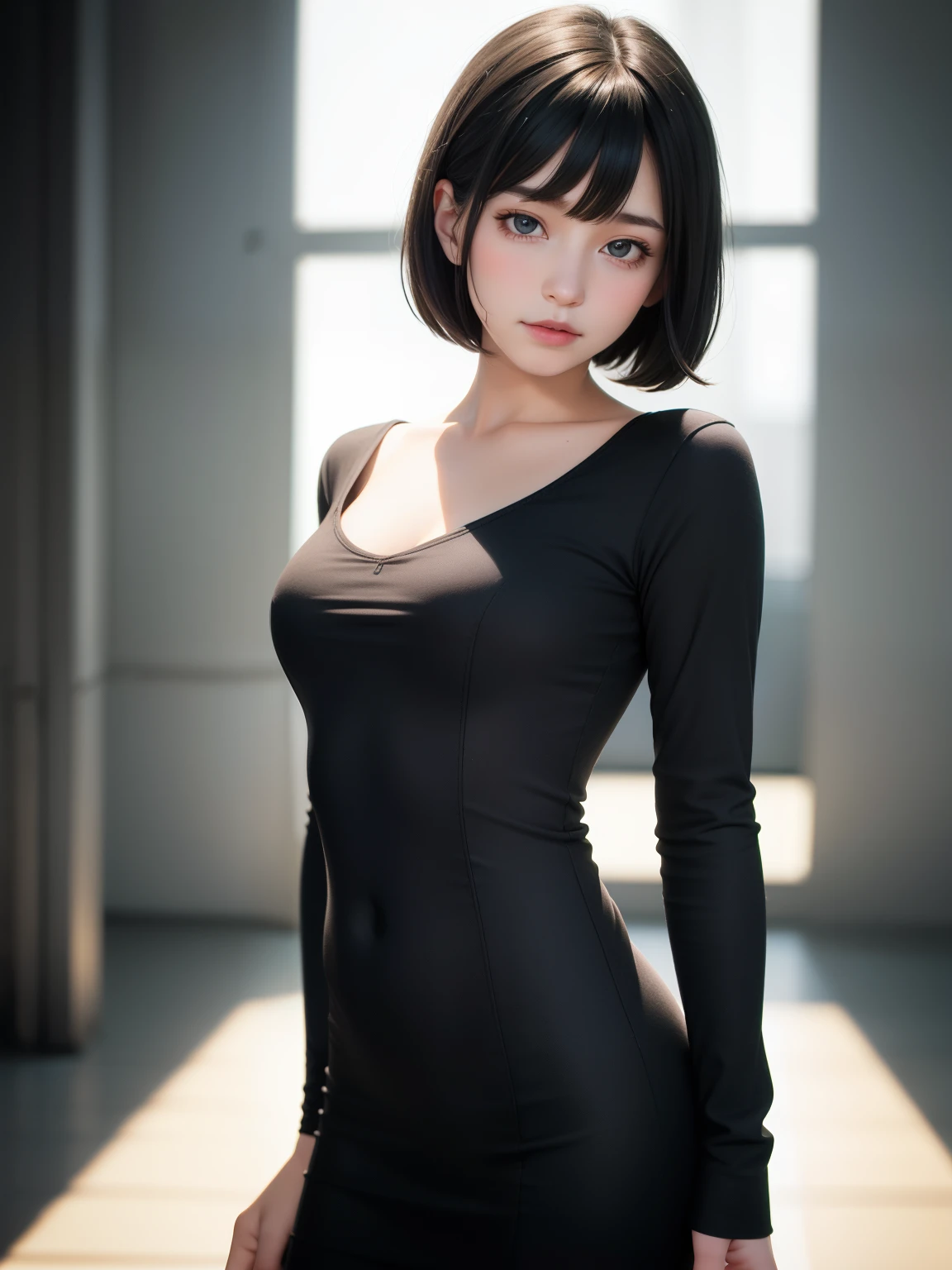 1girl, black hair, A-line short hair, grey eyes, detailed eyes, solo focus, simple background, female focus, solo, standing, , portrait, kotori, (masterpiece:1.0), (best quality:1.0), (8k wallpaper:1.0), (beautiful detailed face:1.0), (detailed deep eyes),  deep eyes,looking at viewer,