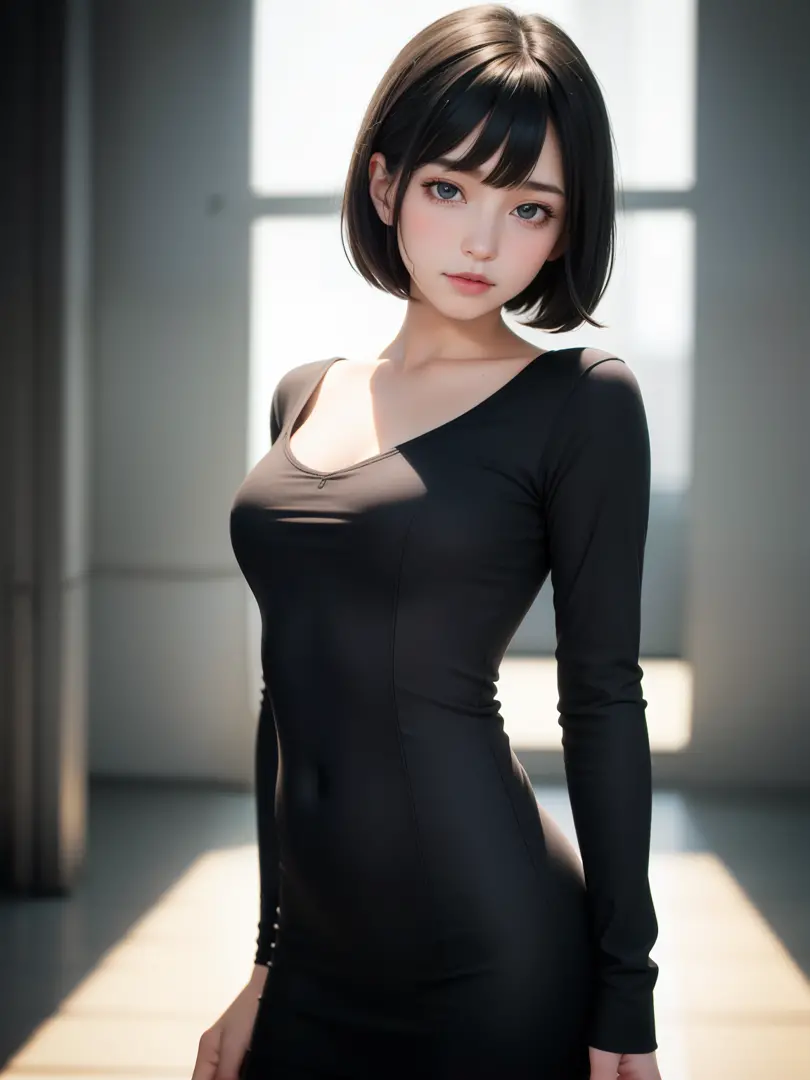 1girl, black hair, A-line short hair, grey eyes, detailed eyes, solo focus, simple background, female focus, solo, standing, , p...