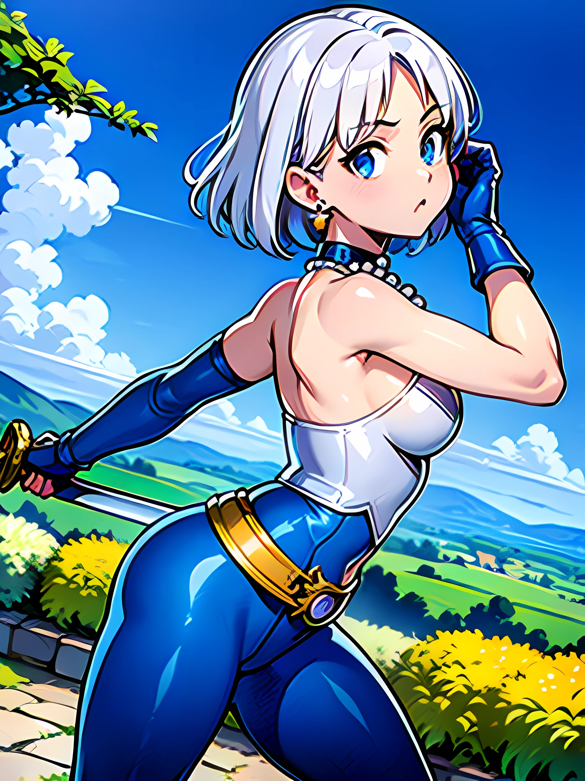 (masterpiece, best quality:1.1), thief (dq3), 1girl, solo, short hair, white hair, blue eyes, medium breasts, pink gloves, jewelry, pearl necklace, earrings, belt, sword, yellow breastplate, black bodysuit, bag, (coin, sword on hip:1.2), (dutch angle, dynamic pose, from side:1.3), (blue skies, nature:1.2)