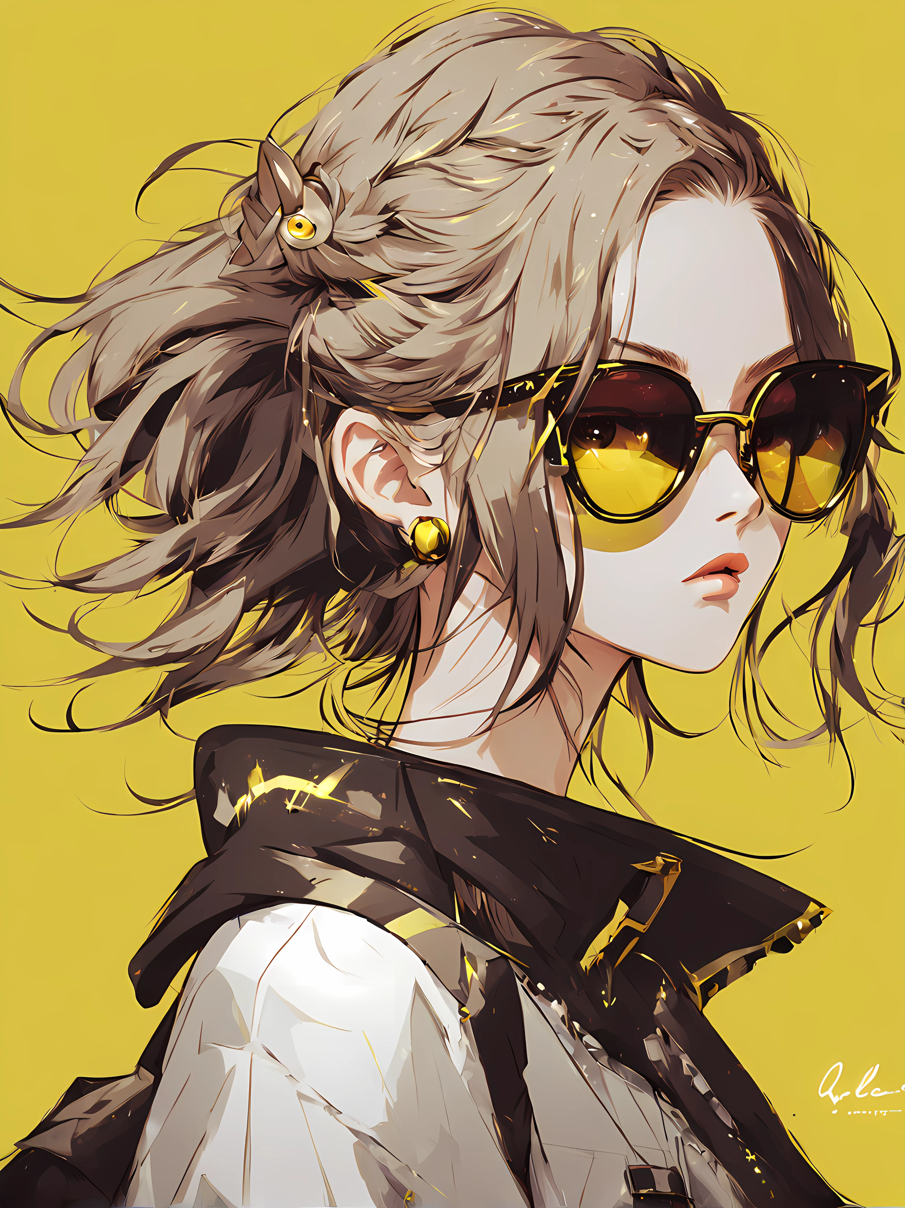 Anime girl portant des lunettes de soleil sur ses cheveux, Oeuvre de style Guviz, Style d&#39;illustration numérique, Illustration de style animé, Style animé 4k, Les yeux jaunes, les yeux brillants, style d&#39;anime. 8k, par Qu Leilei, auteur：héros, personnage 5 art style wlop