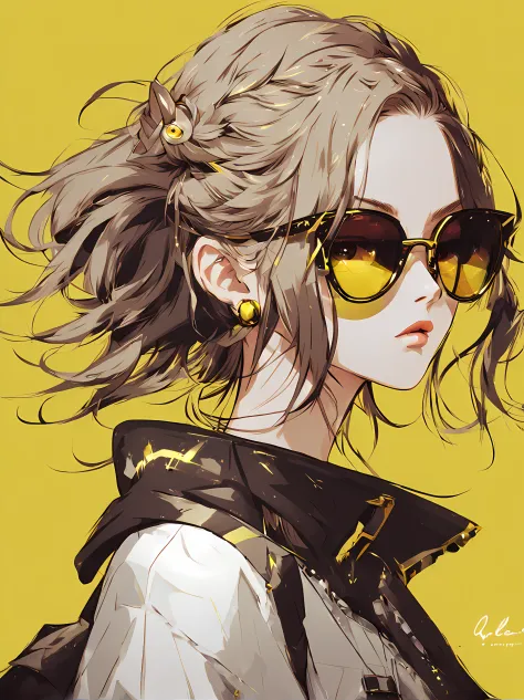 Anime girl wearing sunglasses on her hair, Guviz-style artwork, Digital illustration style, Anime style illustration, Anime style 4k, yellow eyes, eyes glowing, style of anime. 8K, by Qu Leilei, author：heroes, persona 5 art style wlop