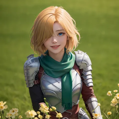 (({{masterpiece,best quality,ultra-detailed}}))  1girl, grass field,flower,wariza,looking at viewer,blonde short hair, armor, re...