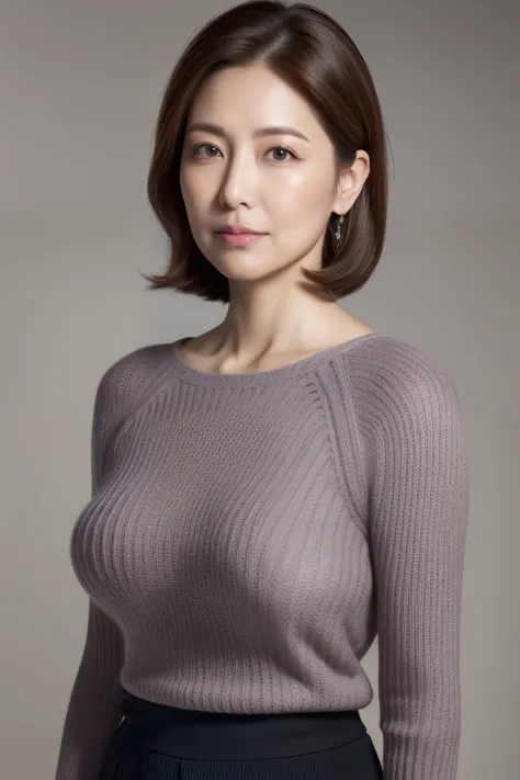 hight resolution, high-level image quality, high detailing, ​masterpiece, Textured skin, tre anatomically correct, sharp, greybackground((japanese mature, 50 years old)), 独奏, ((Wrinkles on the face)), large breasts with good shape, Light brown straight hai...