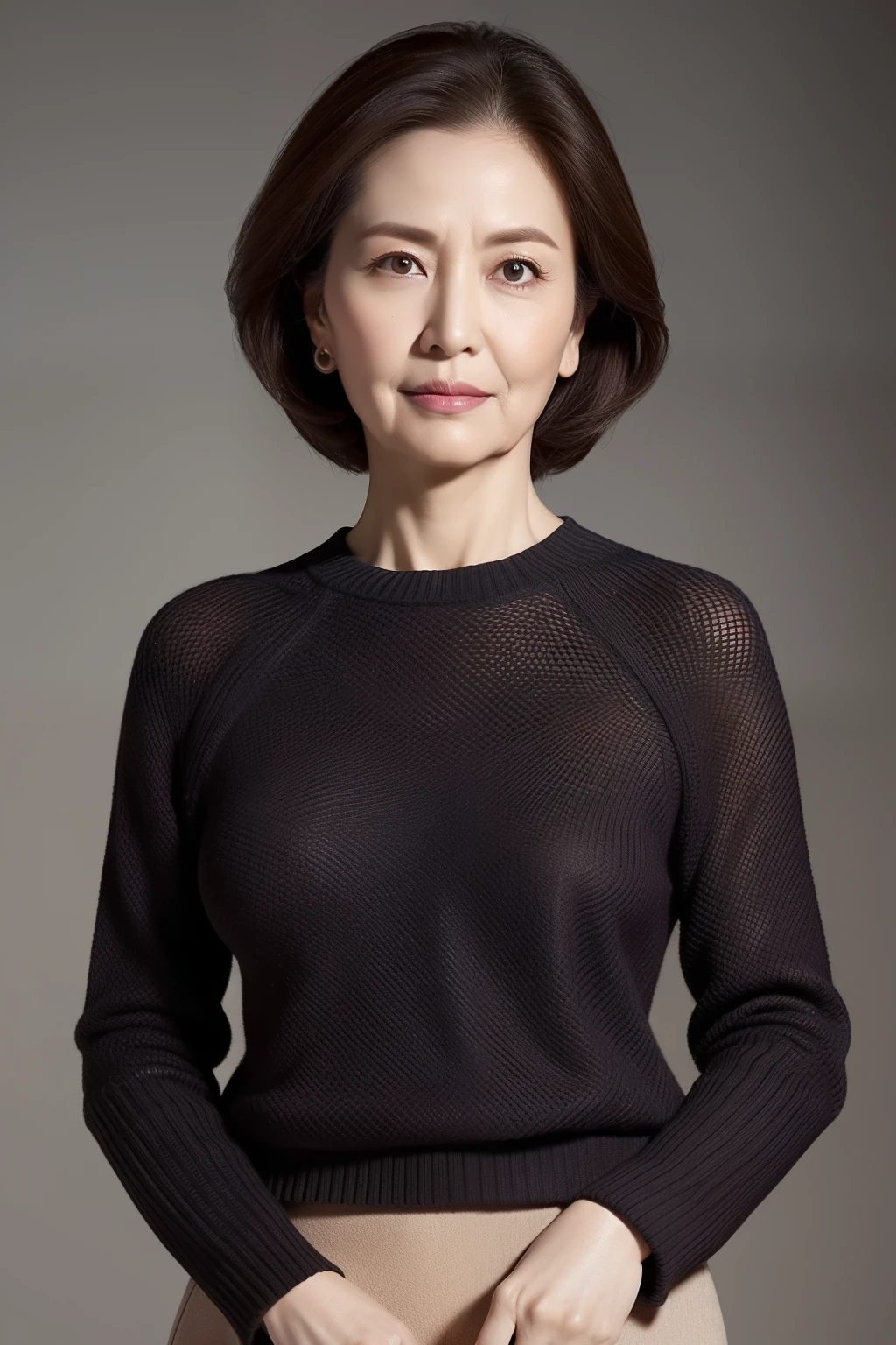 hight resolution, high-level image quality, high detailing, ​masterpiece, Textured skin, tre anatomically correct, sharp, greybackground((japanese mature, sixty years old)), 独奏, ((Wrinkles on the face)), large breasts with good shape, Light brown straight hair that reaches to the shoulders, chubby figure (((Stand upright facing the center of the screen))), Close your mouth and look straight ahead with a serious face, Sweaters, skirt by the, ((cowboy  shot)),