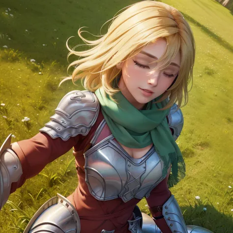 (({{masterpiece,best quality,ultra-detailed}}))  1girl, grass field,flower,wariza,looking at viewer,blonde short hair, armor, re...