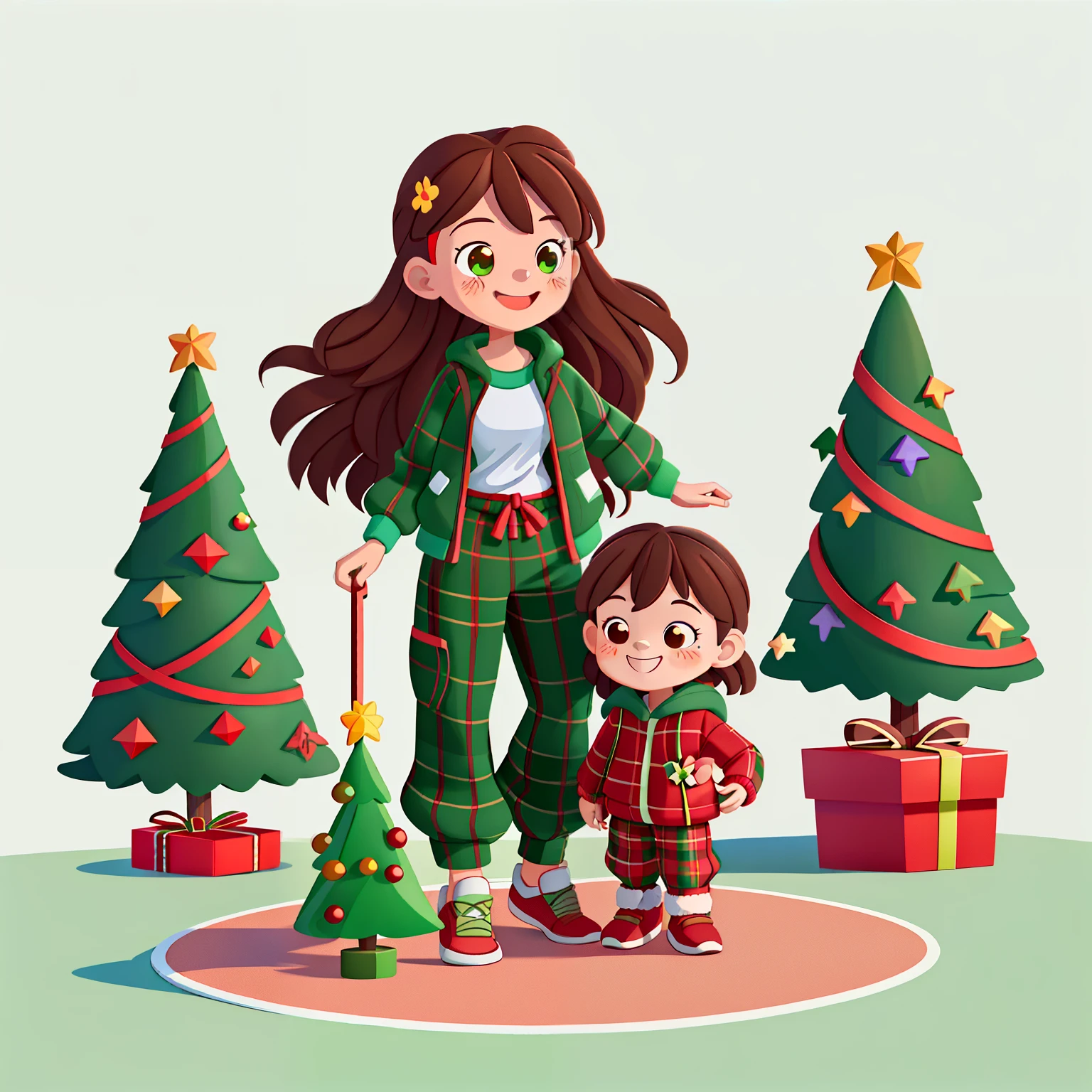 Girl with long brown hair，Wear red plaid long-sleeved sportswear，Green plaid long sweatpants，playground（Hand holding Christmas flowers）（Christmas tree）in the early morning，（There is love）Happy，Surrounded by love，Surrounded by love，O sign，vector，line art，designs，inspiration，straight line，RHAD