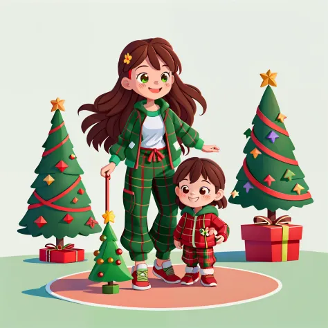 girl with long brown hair，wear red plaid long-sleeved sportswear，green plaid long sweatpants，playground（hand holding christmas f...