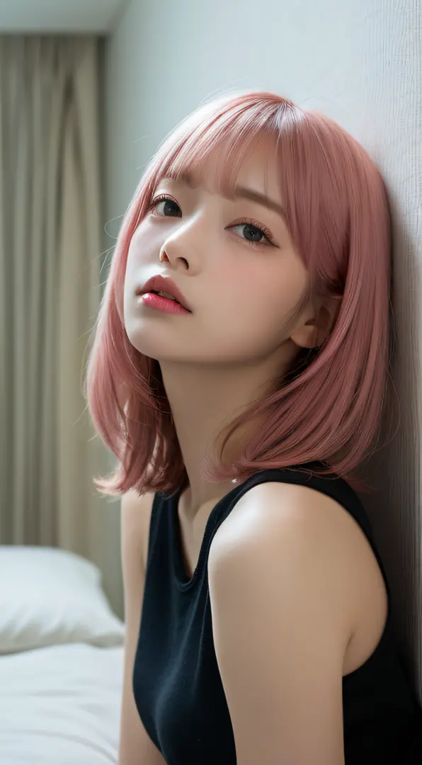 masutepiece, Best Quality, Illustration, Ultra-detailed, finely detail, hight resolution, in 8K,Wallpaper, Perfect dynamic composition, Beautiful detailed eyes, Black tank top,Short bob hair、Pink hair color,Big Natural Color Lip, Bold sexy poses,Crying a l...