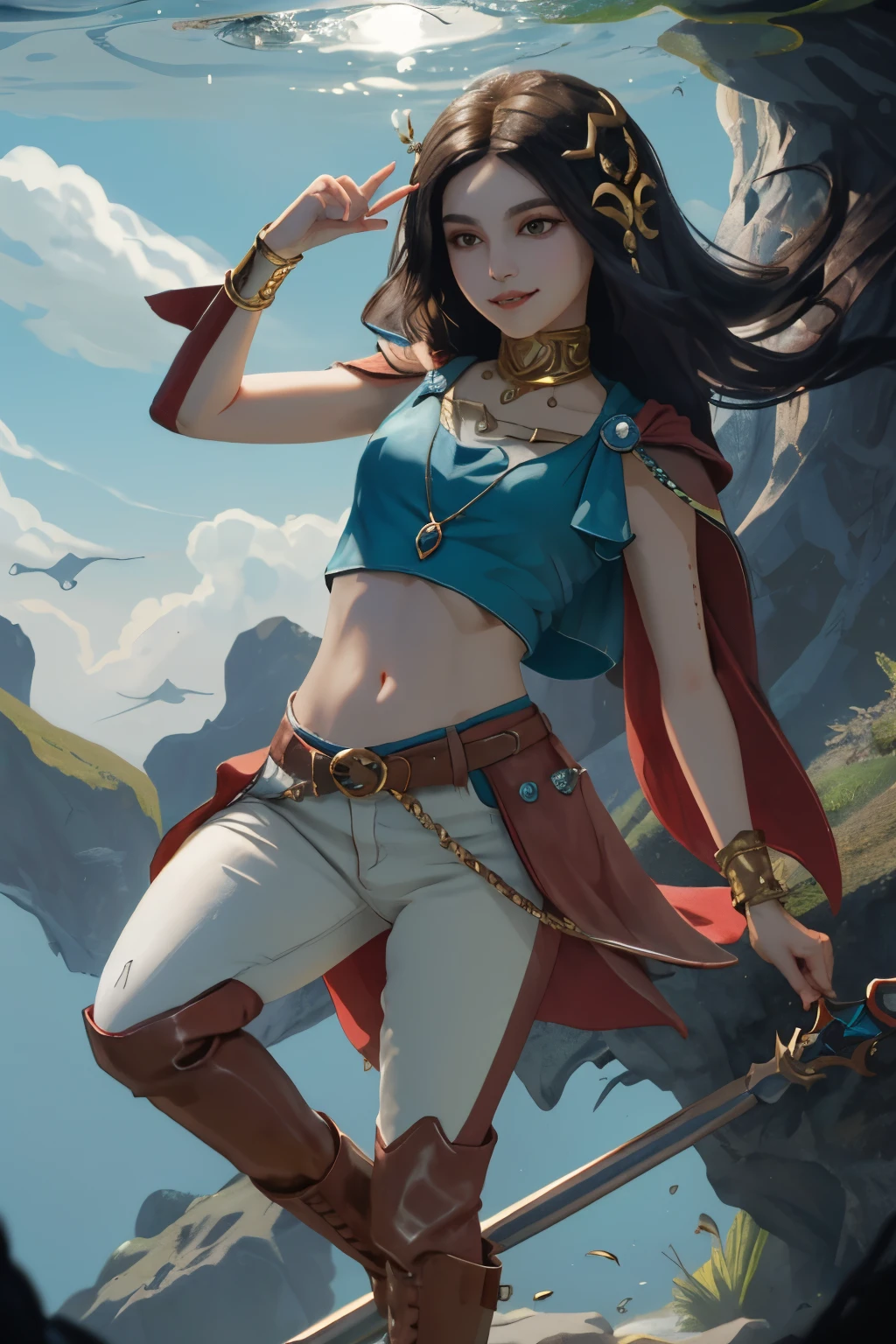 Phin has light gray skin, long pointed elfish ears, vivid salmon-colored scales on her forearms and calves, She has waist-length straight black hair, yellow eyes with thin vampiric slits for pupils. Her fangs are small but noticeable when she grins, Phin wears black ripped jeans and crimson knee-high boots, coupled with a sleeveless white armor vest edged in gold, A long black leather duster coat completes the outfit, she carries a battle-worn golden trident axe, She also wears a small Zora sapphire pendant necklace. Phin has a chill playful personality and often floats nonchalantly a foot off the ground, As a vampire-Zora hybrid she has a unique undead aquatic physiology with powers from both species, masterpiece, high quality, 4K, MarcelineWaifu, red tank top, jeans, boots, zora, nsfw