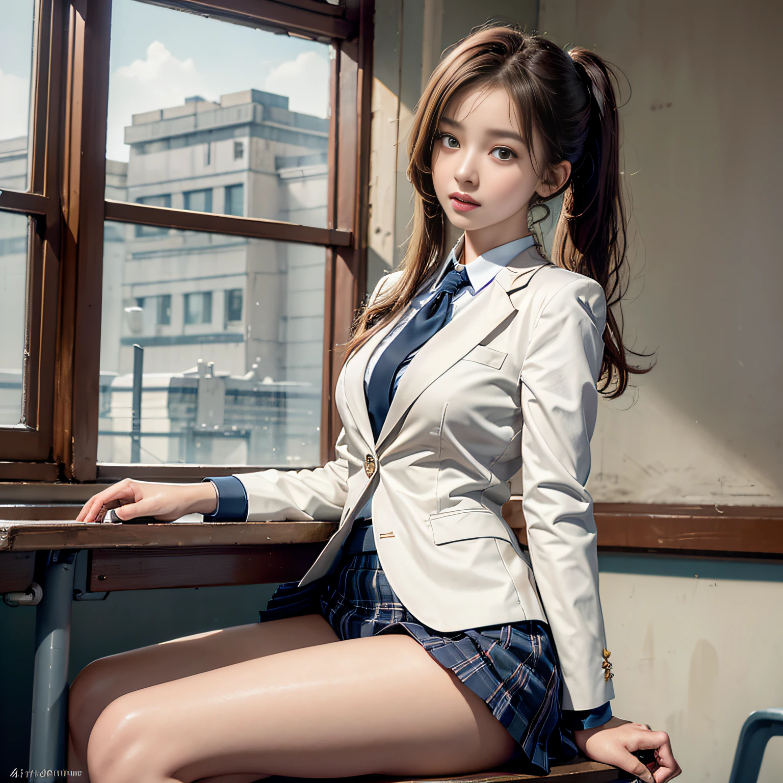 Photorealistic, High resolution, Soft light,1womanl, Solo, hips up high, (Detailed face),（(Girl sitting in school classroom))，Colorful hair、short-cut，Wear、(White Blazer)、(Check skirt),Long hair、(poneyTail)、((up skirt)）、（(mix４)）、(appearance々Colored panties are visible）、