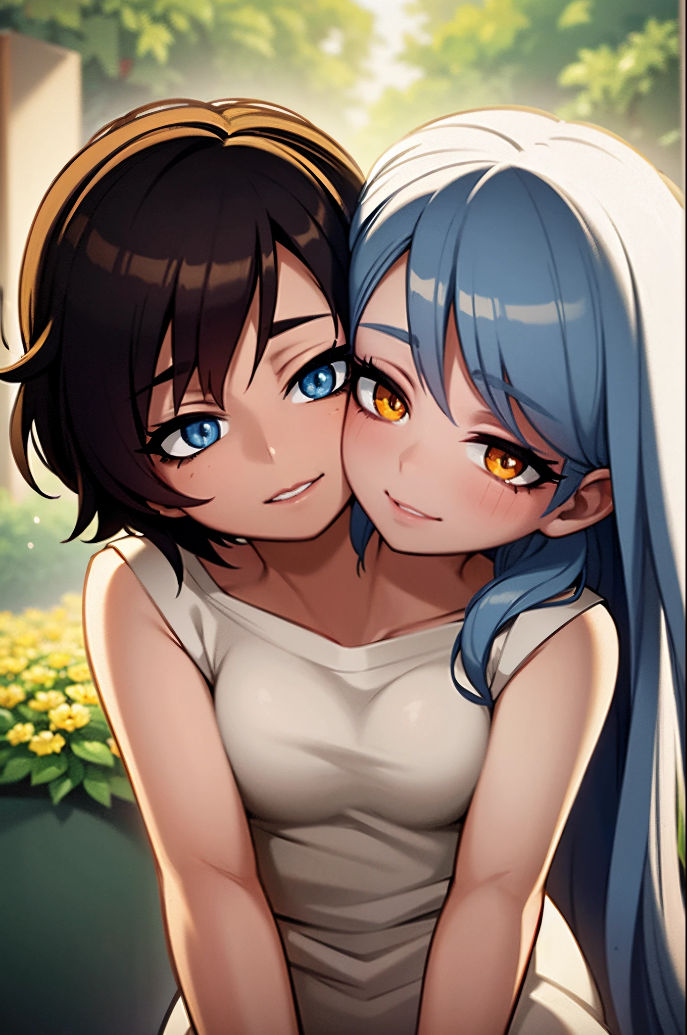 A couple of anime girls hugging each other in front of a house - SeaArt AI