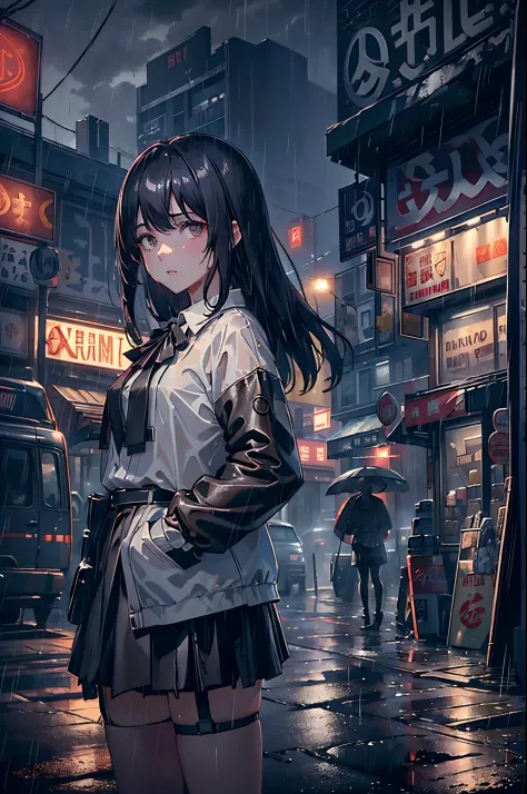 8K，tmasterpiece，Best quality，hyper-detailing，realistically，realistically，Extremely detailed face，电影灯光，电影灯光，ray traycing，illuminationessy  hair，
On cloudy streets，corner store，Foggy and heavy rain，A girl with black hair and black eyes stood in the middle of...