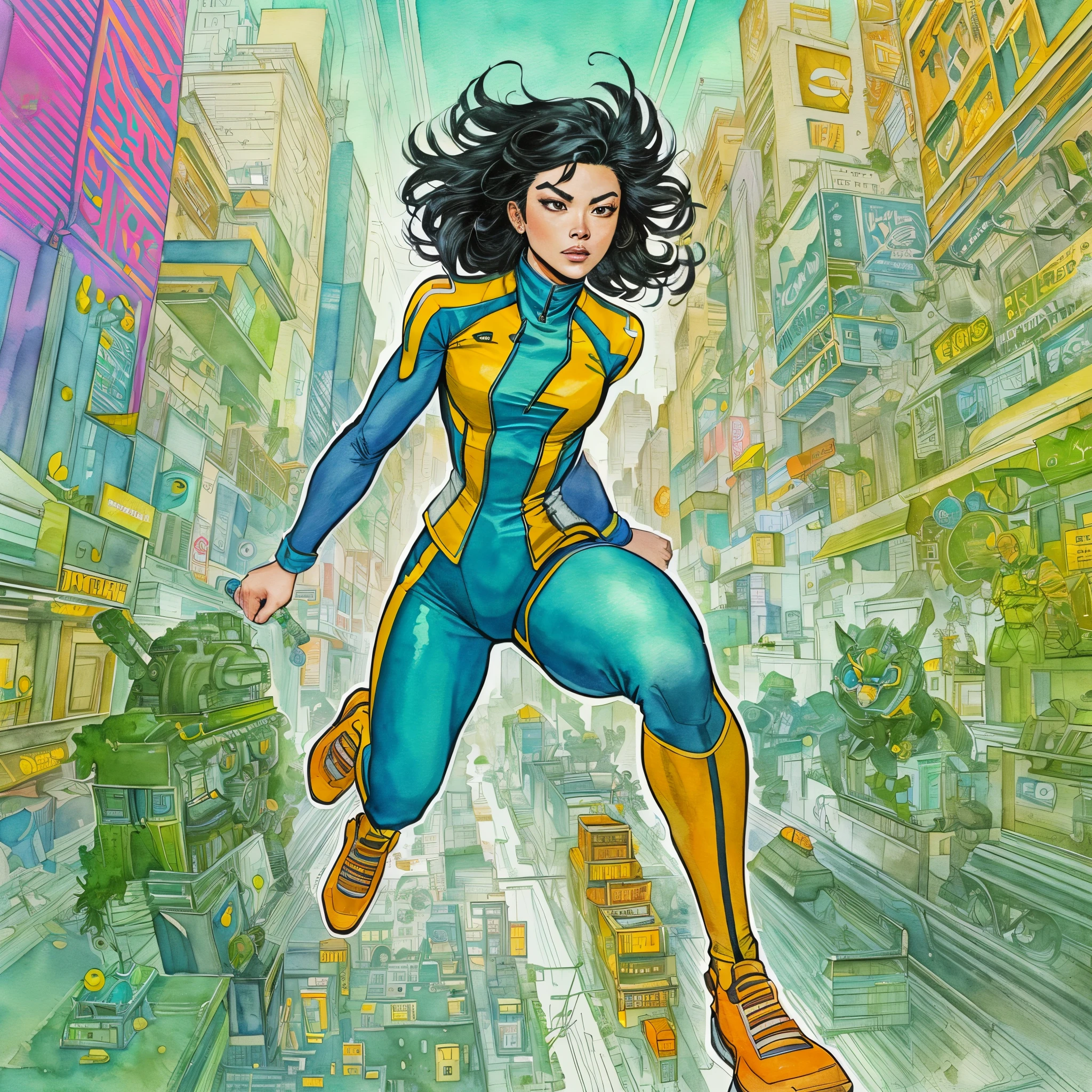 (comic style:1.3), (line art:1.5), (full body),(masterpiece, award winning, best quality:1.3), (flat color:1.3),(colorful:1.3)(futuristic city), ((solo)), 1 asian woman, super speedster, black hair (bob), wearing a blue bolero jacket over an orange spandex cat suit, orange energy, running through a futuristic city, speed lines, watercolor painting, art by Jim lee, cinematic, masterpiece, , detailed background, detailed material textures, serious, realistic 1.35, muscular 1.2