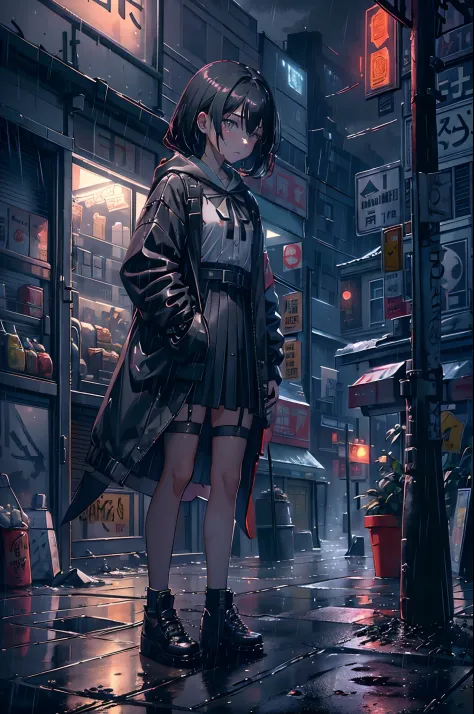 8K，tmasterpiece，Best quality，hyper-detailing，realistically，realistically，Extremely detailed face，电影灯光，电影灯光，ray traycing，illuminationessy  hair，
On cloudy streets，corner store，Foggy and heavy rain，A girl with black hair and black eyes stood in the middle of...