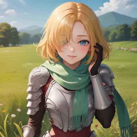 (({{masterpiece,best quality,ultra-detailed}}))  1girl, grass field,flower,wariza,looking at viewer,blonde short hair, armor, re...