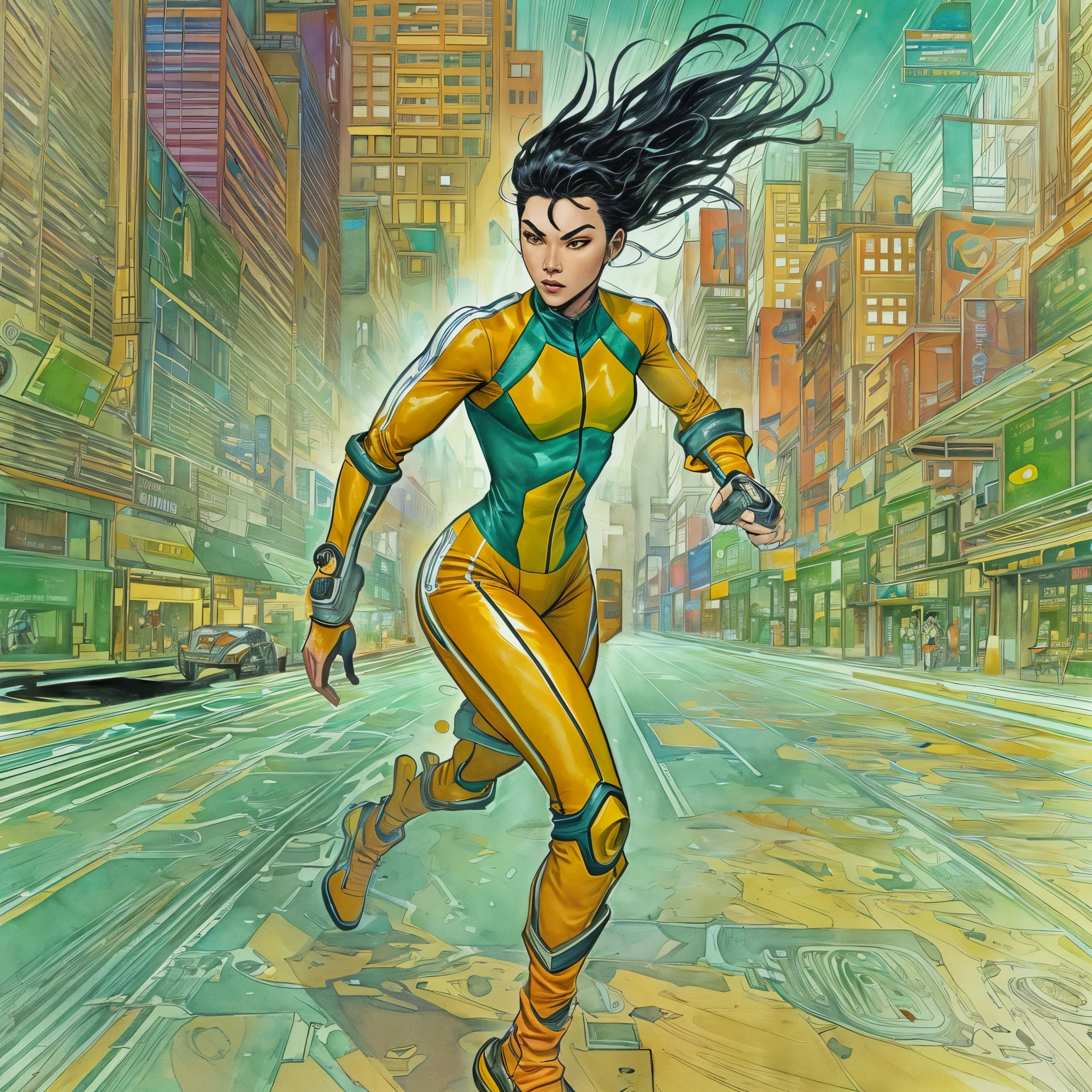 (comic style:1.3), (line art:1.5), (full body),(masterpiece, award winning, best quality:1.3), (flat color:1.3),(colorful:1.3)(futuristic city), ((solo)), 1 asian woman, super speedster, black hair (bob), wearing an orange spandex cat suit, small blue jacket, orange energy, running through a futuristic city, sprinter form, speed lines, watercolor painting, art by Jim lee, cinematic, masterpiece, , detailed background, detailed material textures, serious, realistic 1.35, muscular 1.2