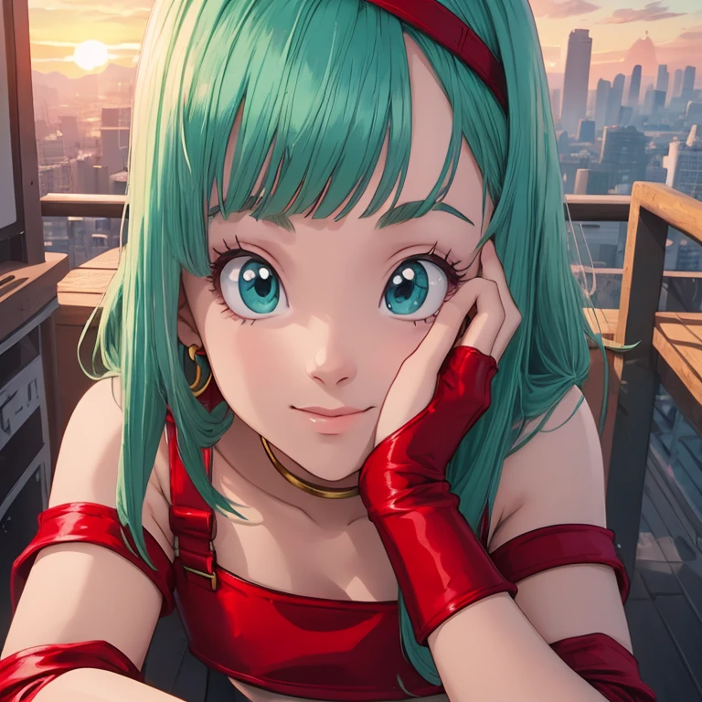 masterpiece, best quality, highest quality, photorealistic, perfect anatomy, perfect face, perfect eyes, aqua hair, brabulladbgt, red hairband, red gloves, red crop top, blue eyes, skirt, hoop earrings, choker, solo, 1 girl, city, outdoors, sexy pose, smile, sunset, sitting down.