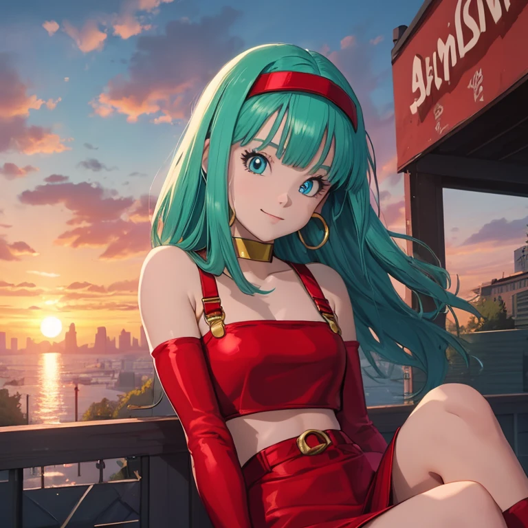 masterpiece, best quality, highest quality, photorealistic, perfect anatomy, perfect face, perfect eyes, aqua hair, brabulladbgt, red hairband, red gloves, red crop top, blue eyes, skirt, hoop earrings, choker, solo, 1 girl, city, outdoors, sexy pose, smile, sunset, sitting down.