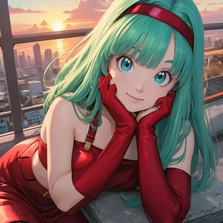 masterpiece, best quality, highest quality, photorealistic, perfect anatomy, perfect face, perfect eyes, aqua hair, brabulladbgt, red hairband, red gloves, red crop top, blue eyes, skirt, hoop earrings, choker, solo, 1 girl, city, outdoors, sexy pose, smile, sunset, sitting down.