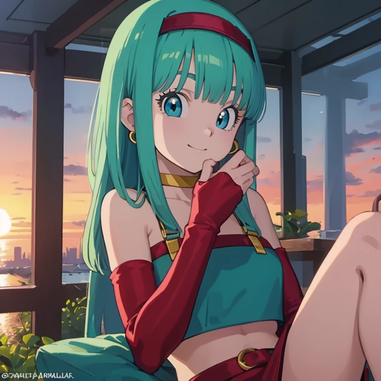 masterpiece, best quality, highest quality, photorealistic, perfect anatomy, perfect face, perfect eyes, aqua hair, brabulladbgt, red hairband, red gloves, red crop top, blue eyes, skirt, hoop earrings, choker, solo, 1 girl, city, outdoors, sexy pose, smile, sunset, sitting down.