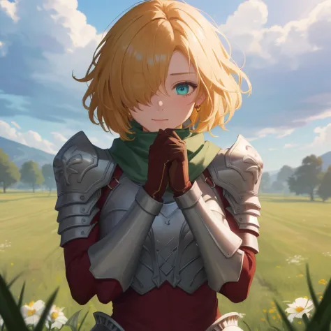 (({{masterpiece,best quality,ultra-detailed}}))  1girl, grass field,flower,wariza,looking at viewer,blonde short hair, armor, re...