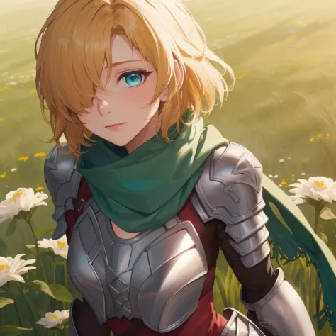 (({{masterpiece,best quality,ultra-detailed}}))  1girl, grass field,flower,wariza,looking at viewer,blonde short hair, armor, re...