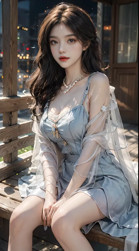 Sweet girl clothes2,pearl necklace,blue dress,flower, fashi-girl, red lips, mature female, makeup, Big eyes, Pretty eyes, ((full body)), ((Random shooting angles)), (best quality, masterpiece:1.2), ultra-detailed, (realistic:1.37), beautiful, youthful, gla...